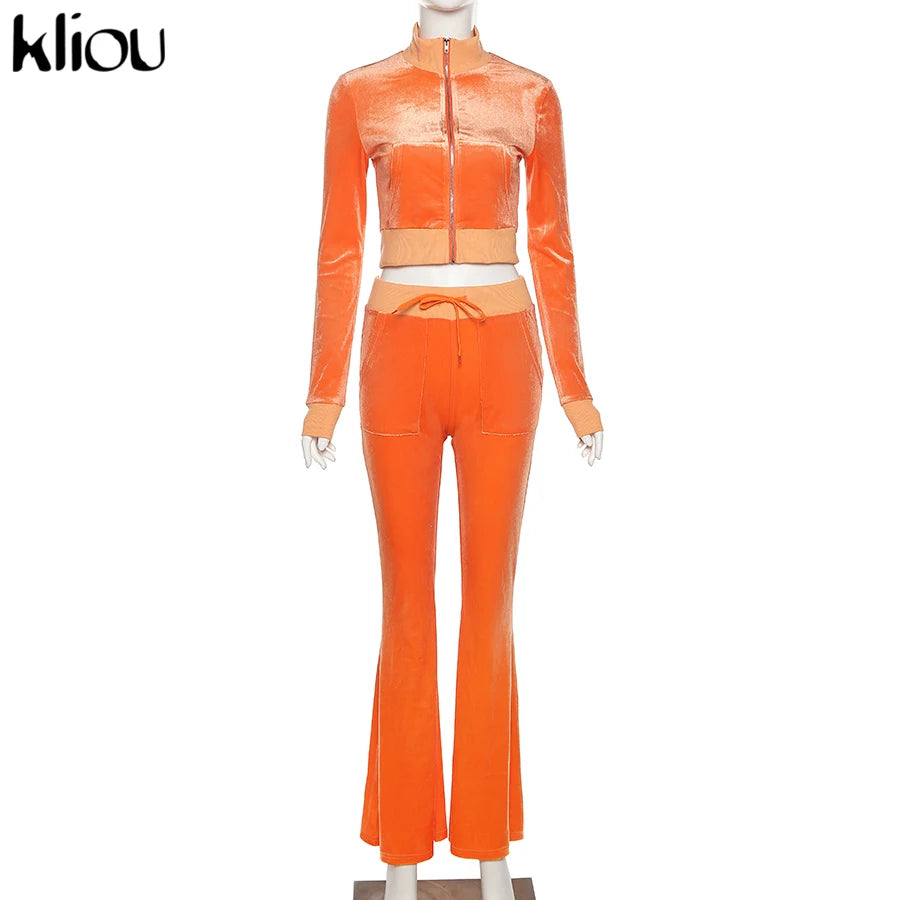 Kliou Solid Velour Two Piece Set Women Simple Casual Zipper Long Sleeve Turtleneck Top+Bandage Lace Slim Female Wide Leg Pants