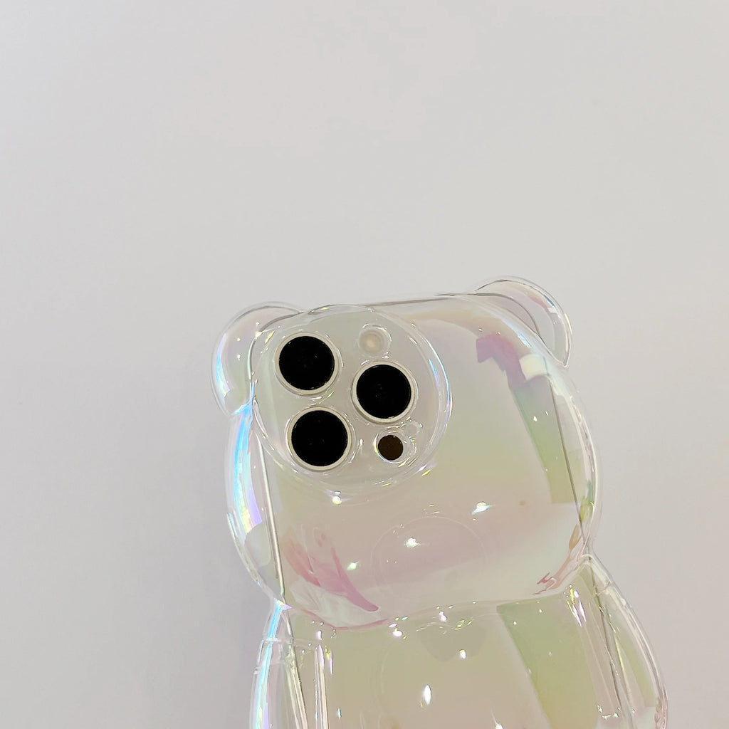 13D Electroplated Bear TPU Phone Case for iPhone 16 15 14 13 12 11 Promax Plus Cute Oil Print Shockproof Bumper Protection Cover