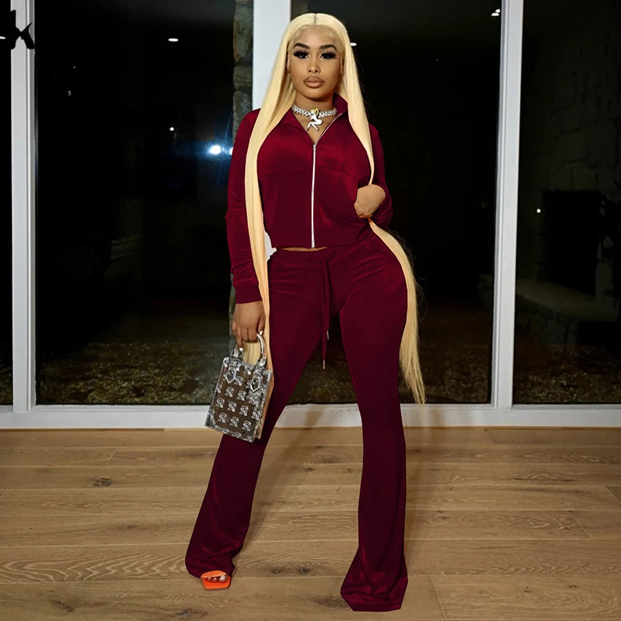 Kliou Solid Velour Two Piece Set Women Simple Casual Zipper Long Sleeve Turtleneck Top+Bandage Lace Slim Female Wide Leg Pants