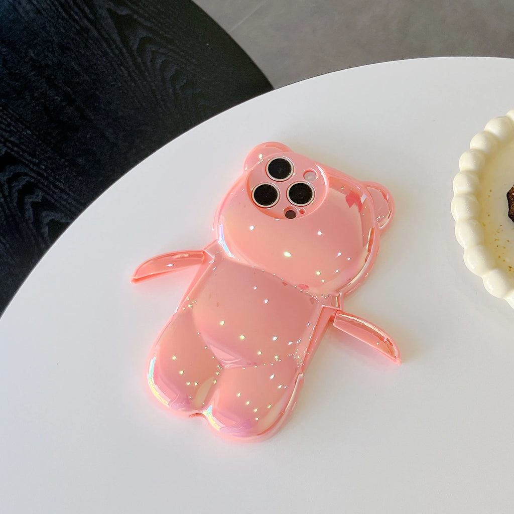 13D Electroplated Bear TPU Phone Case for iPhone 16 15 14 13 12 11 Promax Plus Cute Oil Print Shockproof Bumper Protection Cover