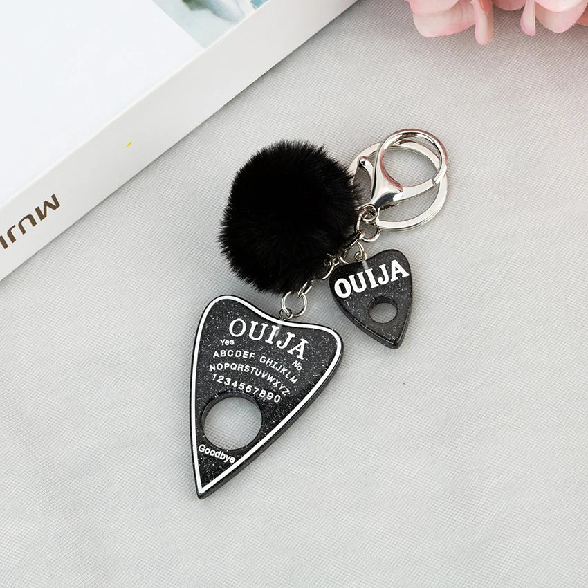 1PC Women Ouija Planchette Keychain Resin Pompom Charms Handbag  Keyring With Puffer Ball Punk Board Crafts