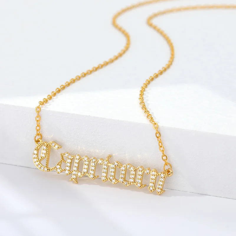 Zircon Letter Constellation Necklace For Women Stainless Steel Girl 12 Zodiac Necklaces Choker Alphabet Jewelry Bijoux Femme BFF