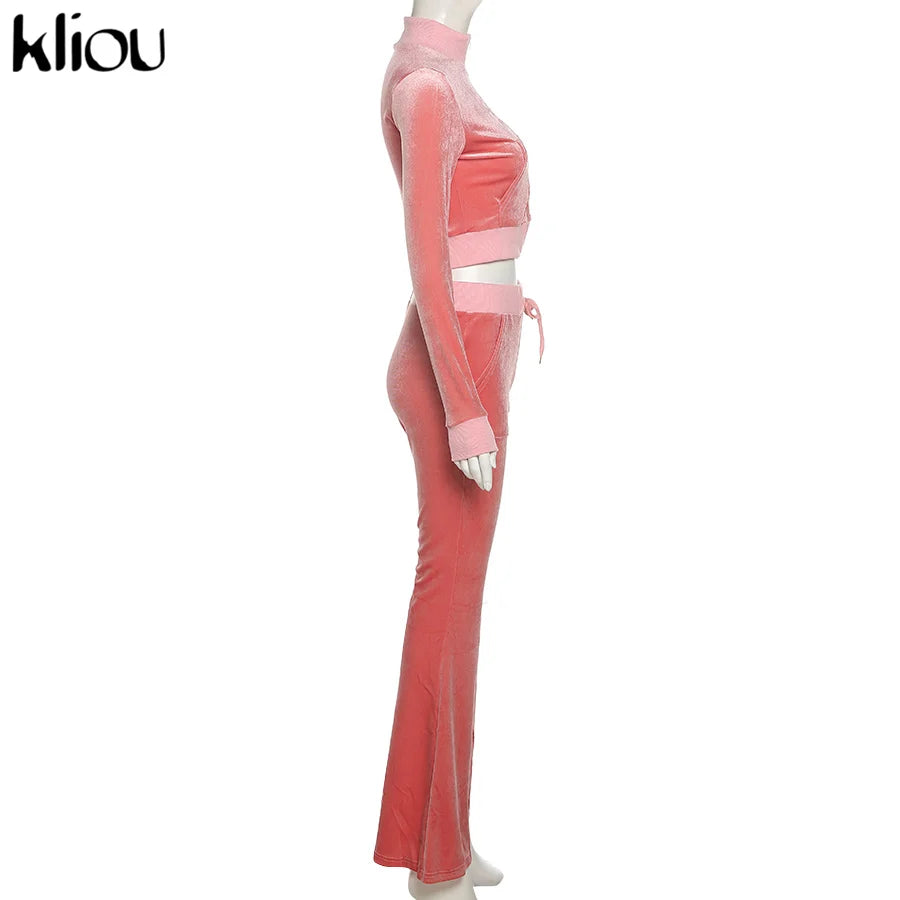 Kliou Solid Velour Two Piece Set Women Simple Casual Zipper Long Sleeve Turtleneck Top+Bandage Lace Slim Female Wide Leg Pants