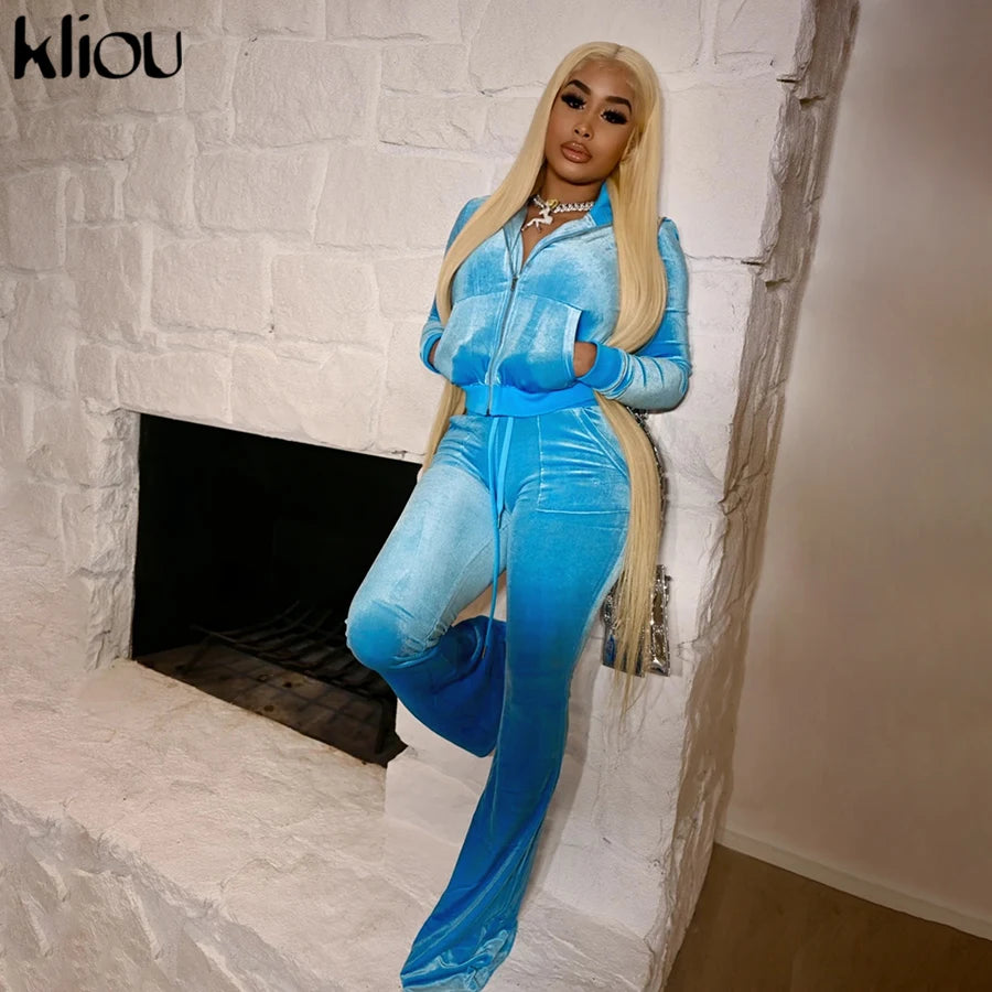 Kliou Solid Velour Two Piece Set Women Simple Casual Zipper Long Sleeve Turtleneck Top+Bandage Lace Slim Female Wide Leg Pants