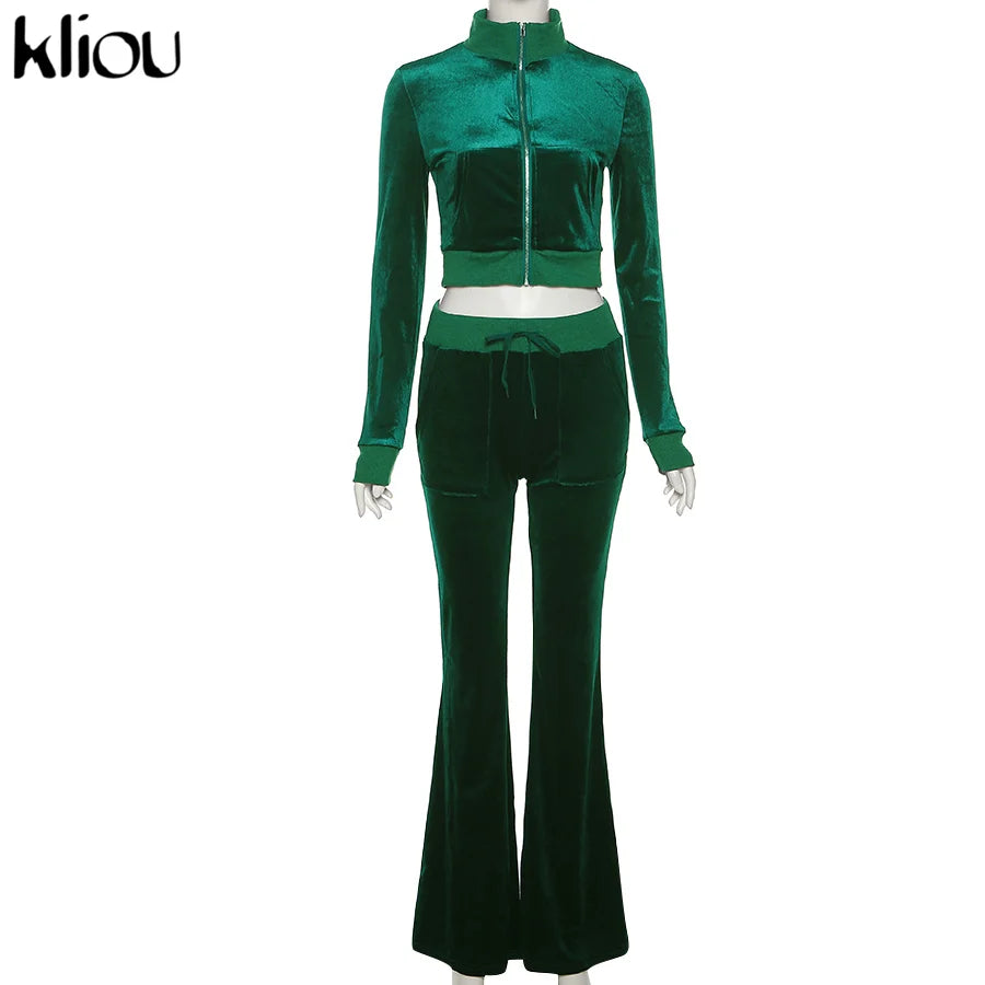 Kliou Solid Velour Two Piece Set Women Simple Casual Zipper Long Sleeve Turtleneck Top+Bandage Lace Slim Female Wide Leg Pants