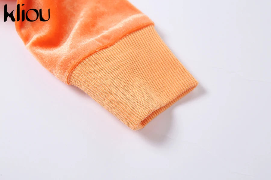 Kliou Solid Velour Two Piece Set Women Simple Casual Zipper Long Sleeve Turtleneck Top+Bandage Lace Slim Female Wide Leg Pants