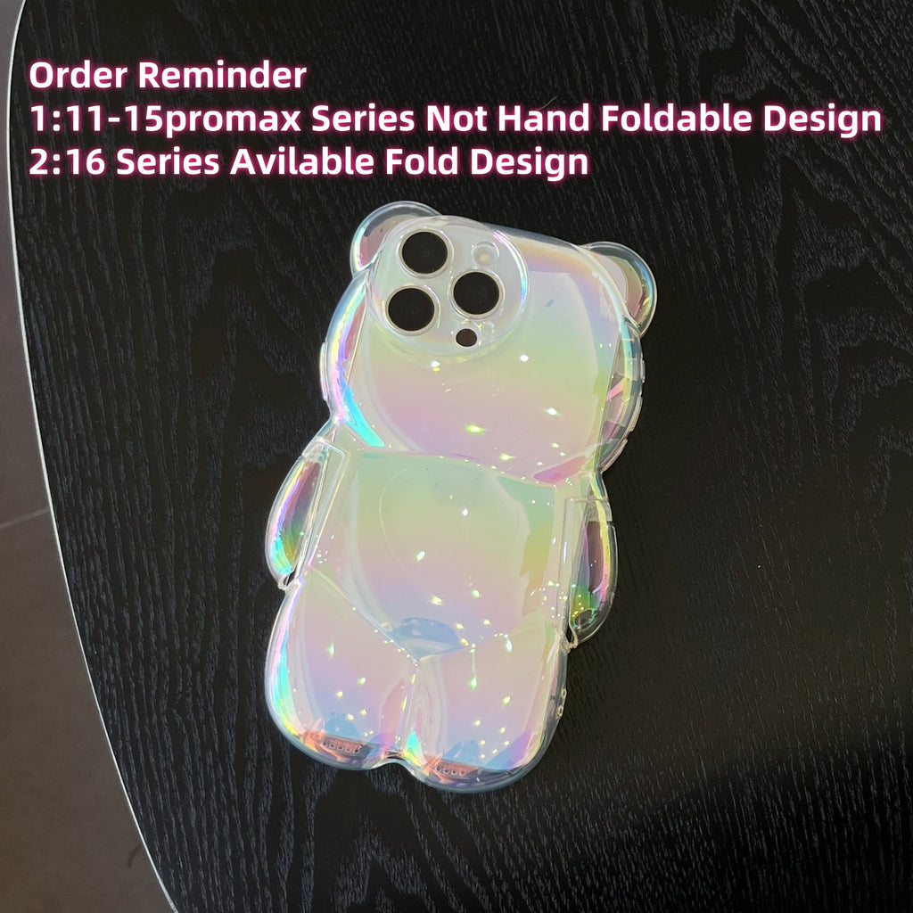 13D Electroplated Bear TPU Phone Case for iPhone 16 15 14 13 12 11 Promax Plus Cute Oil Print Shockproof Bumper Protection Cover