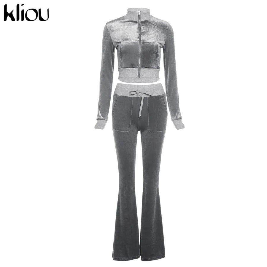 Kliou Solid Velour Two Piece Set Women Simple Casual Zipper Long Sleeve Turtleneck Top+Bandage Lace Slim Female Wide Leg Pants