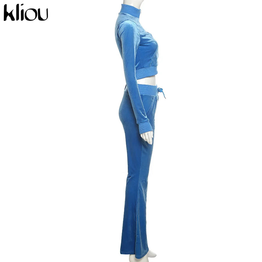 Kliou Solid Velour Two Piece Set Women Simple Casual Zipper Long Sleeve Turtleneck Top+Bandage Lace Slim Female Wide Leg Pants