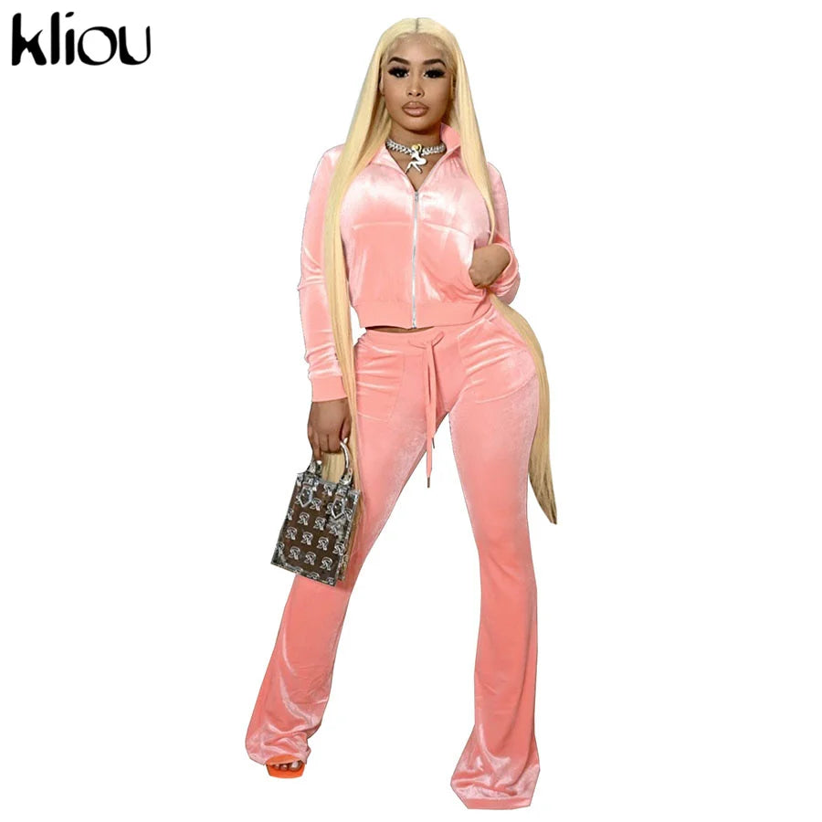 Kliou Solid Velour Two Piece Set Women Simple Casual Zipper Long Sleeve Turtleneck Top+Bandage Lace Slim Female Wide Leg Pants