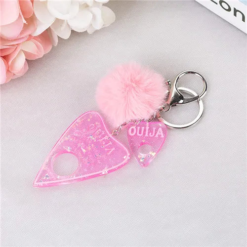 1PC Women Ouija Planchette Keychain Resin Pompom Charms Handbag  Keyring With Puffer Ball Punk Board Crafts