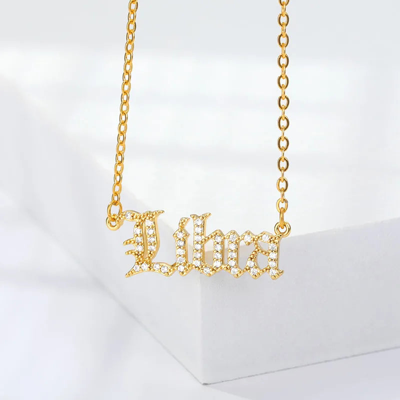 Zircon Letter Constellation Necklace For Women Stainless Steel Girl 12 Zodiac Necklaces Choker Alphabet Jewelry Bijoux Femme BFF