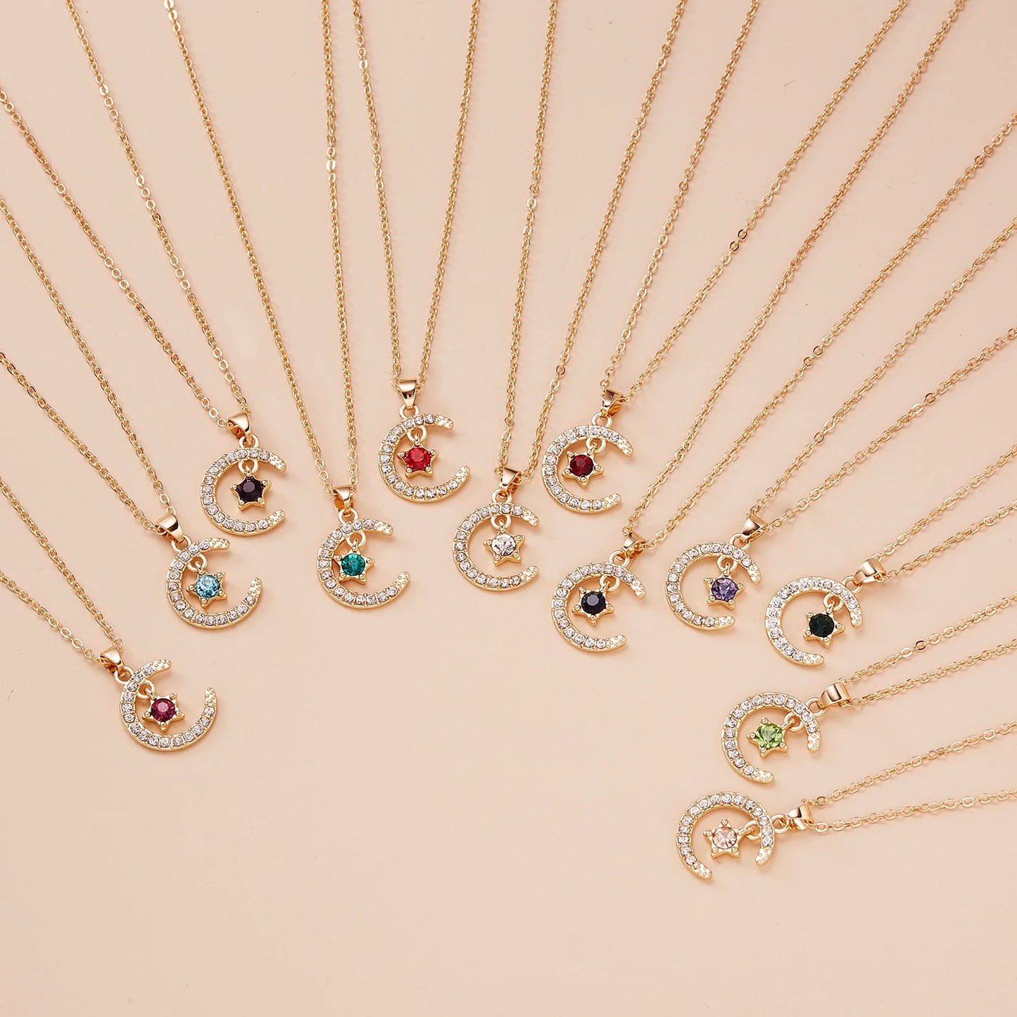 Fashion Personality Birthstone Moon Star Crystal Pendant Necklace for Women Clavicle Chain Choker Birthday Party Jewelry Gift