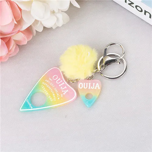 1PC Women Ouija Planchette Keychain Resin Pompom Charms Handbag  Keyring With Puffer Ball Punk Board Crafts