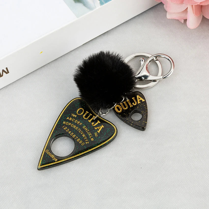 1PC Women Ouija Planchette Keychain Resin Pompom Charms Handbag  Keyring With Puffer Ball Punk Board Crafts