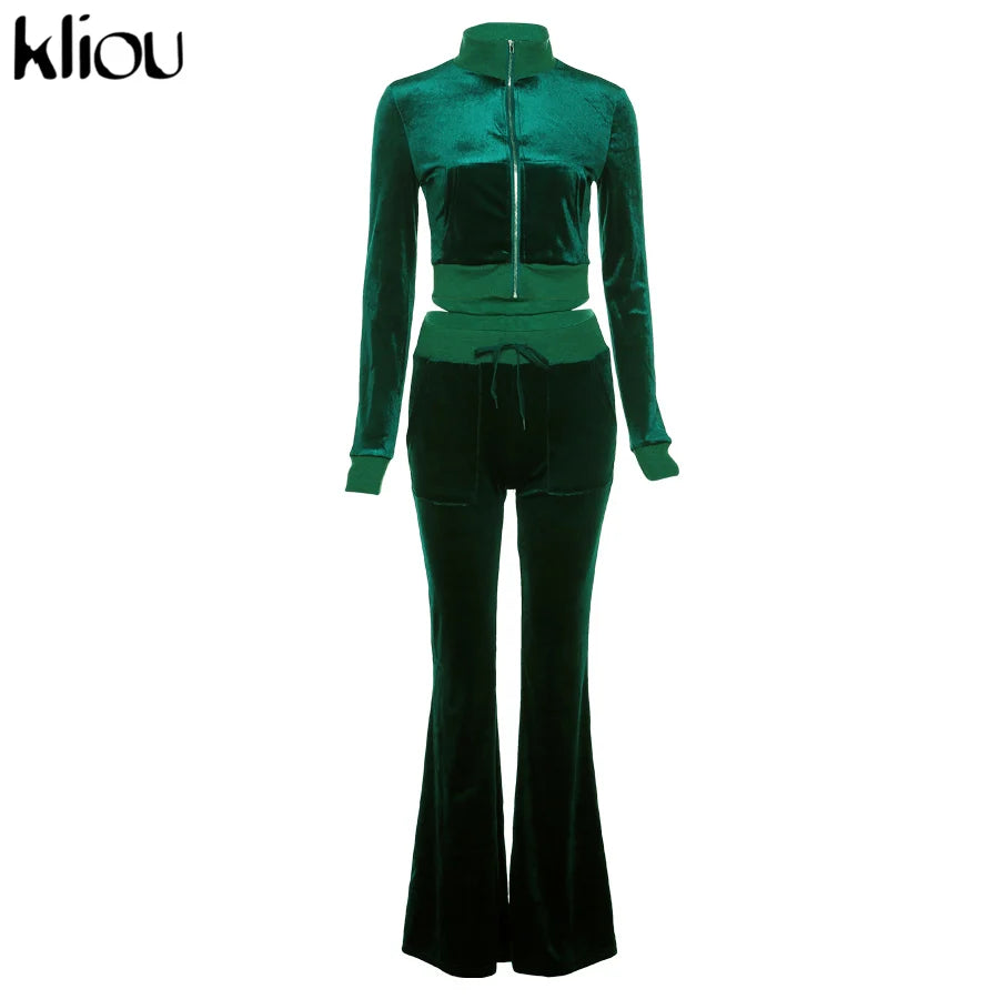 Kliou Solid Velour Two Piece Set Women Simple Casual Zipper Long Sleeve Turtleneck Top+Bandage Lace Slim Female Wide Leg Pants