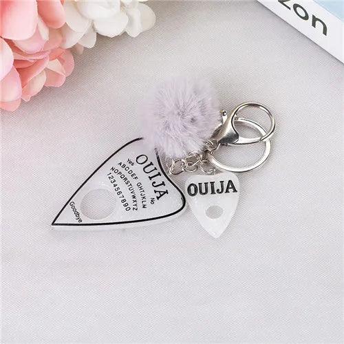 1PC Women Ouija Planchette Keychain Resin Pompom Charms Handbag  Keyring With Puffer Ball Punk Board Crafts
