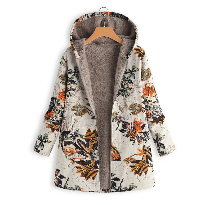 2021 New Women Winter Warm Floral Hooded Jacket Flower Print Hoody Vintage Oversized Coats Winter Padded Jacket Women Parkas