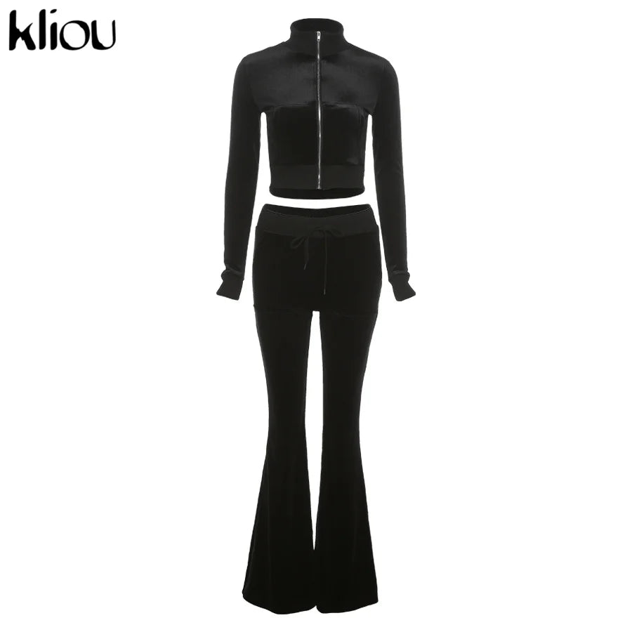 Kliou Solid Velour Two Piece Set Women Simple Casual Zipper Long Sleeve Turtleneck Top+Bandage Lace Slim Female Wide Leg Pants