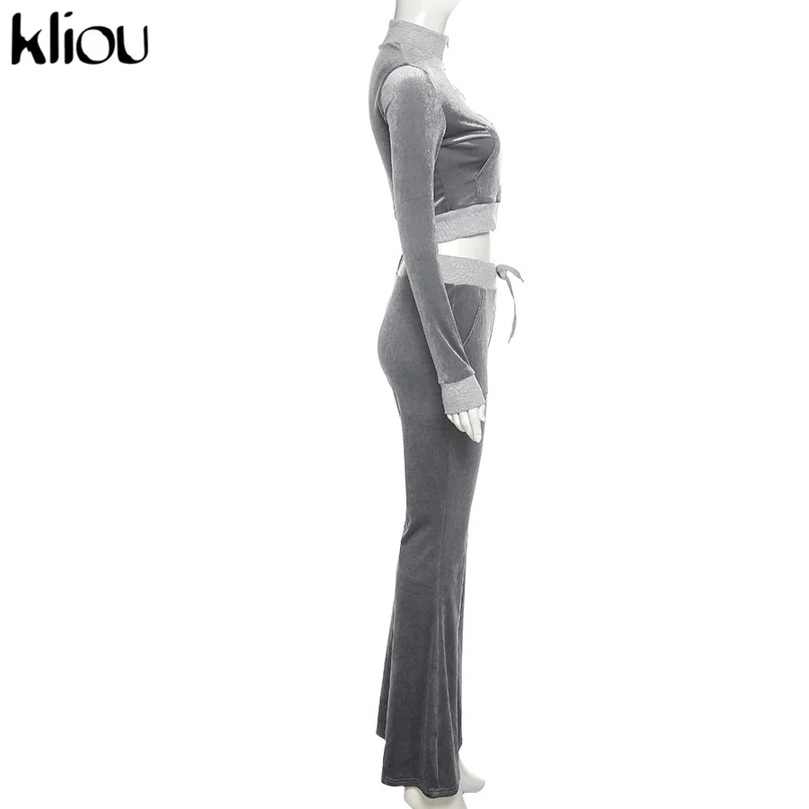 Kliou Solid Velour Two Piece Set Women Simple Casual Zipper Long Sleeve Turtleneck Top+Bandage Lace Slim Female Wide Leg Pants
