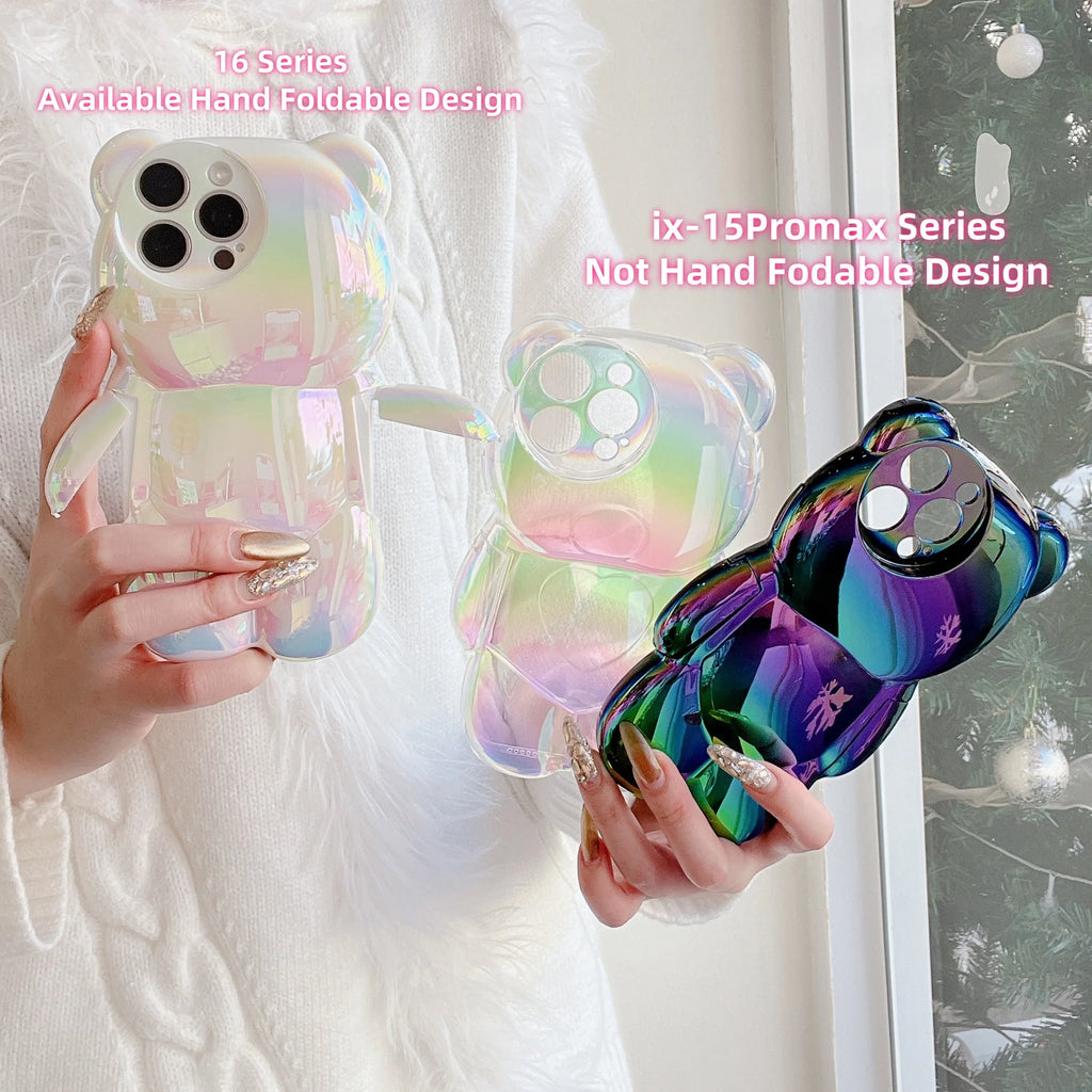 13D Electroplated Bear TPU Phone Case for iPhone 16 15 14 13 12 11 Promax Plus Cute Oil Print Shockproof Bumper Protection Cover