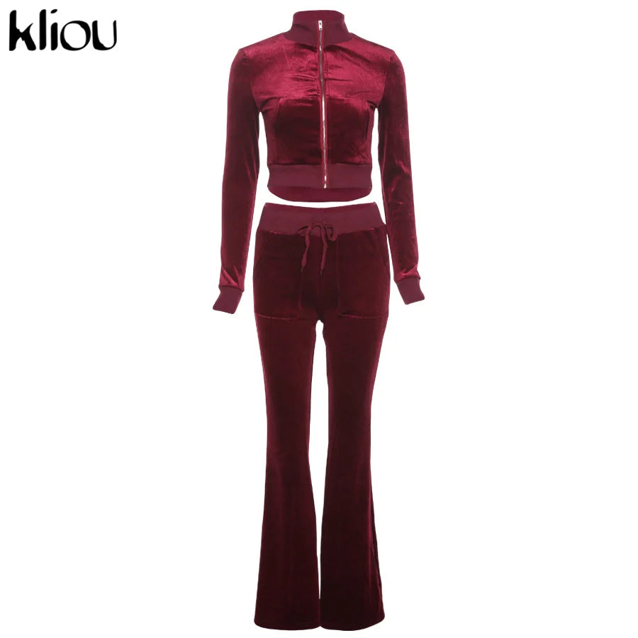 Kliou Solid Velour Two Piece Set Women Simple Casual Zipper Long Sleeve Turtleneck Top+Bandage Lace Slim Female Wide Leg Pants
