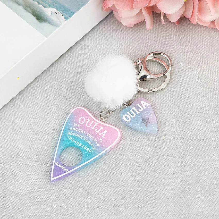 1PC Women Ouija Planchette Keychain Resin Pompom Charms Handbag  Keyring With Puffer Ball Punk Board Crafts