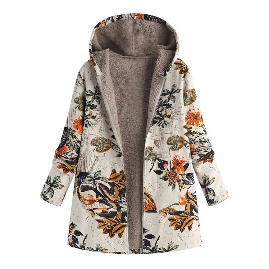 2021 New Women Winter Warm Floral Hooded Jacket Flower Print Hoody Vintage Oversized Coats Winter Padded Jacket Women Parkas
