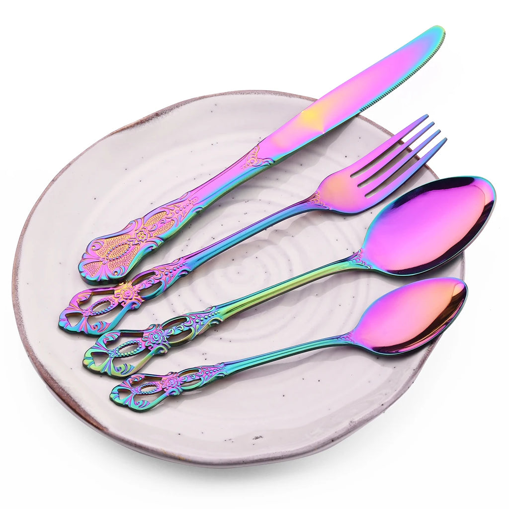 6/30Pcs Royal Colorful Dinnerware Set Knife Dessert Fork Spoon Cutlery Set Stainless Steel Silverware Kitchen Tableware Flatware