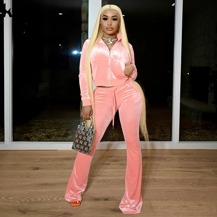 Kliou Solid Velour Two Piece Set Women Simple Casual Zipper Long Sleeve Turtleneck Top+Bandage Lace Slim Female Wide Leg Pants