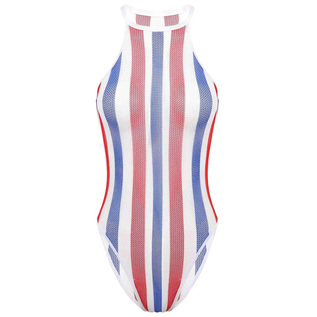 Womens Swimsuits Rave Rainbow Striped Fishnet Swimwear Bikini See Through Mesh Bodysuit Beachwear Dance Festivals Bathing Suit