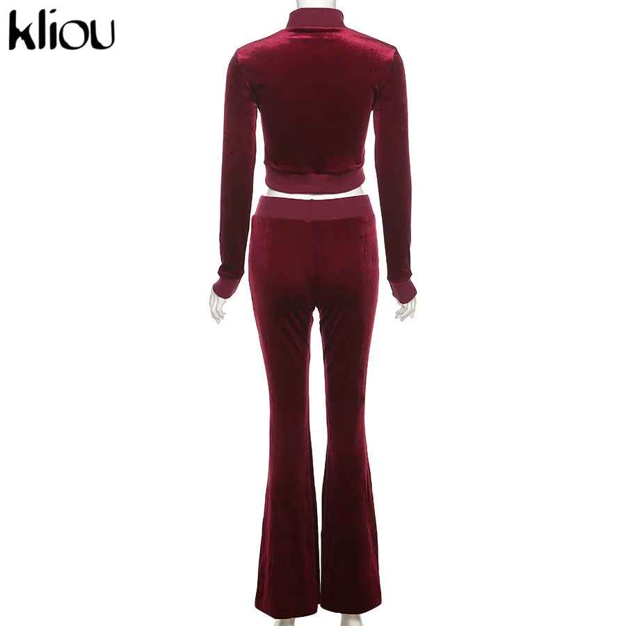 Kliou Solid Velour Two Piece Set Women Simple Casual Zipper Long Sleeve Turtleneck Top+Bandage Lace Slim Female Wide Leg Pants