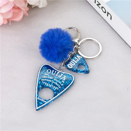 1PC Women Ouija Planchette Keychain Resin Pompom Charms Handbag  Keyring With Puffer Ball Punk Board Crafts
