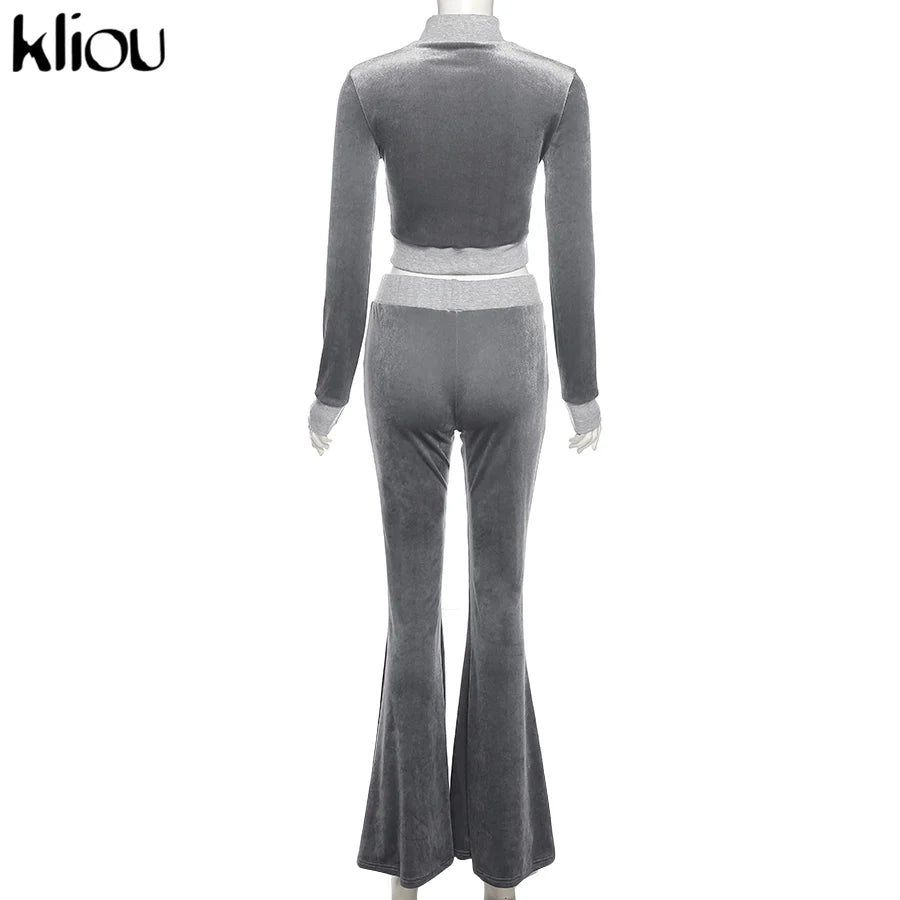Kliou Solid Velour Two Piece Set Women Simple Casual Zipper Long Sleeve Turtleneck Top+Bandage Lace Slim Female Wide Leg Pants