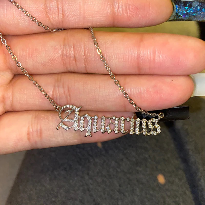 Zircon Letter Constellation Necklace For Women Stainless Steel Girl 12 Zodiac Necklaces Choker Alphabet Jewelry Bijoux Femme BFF