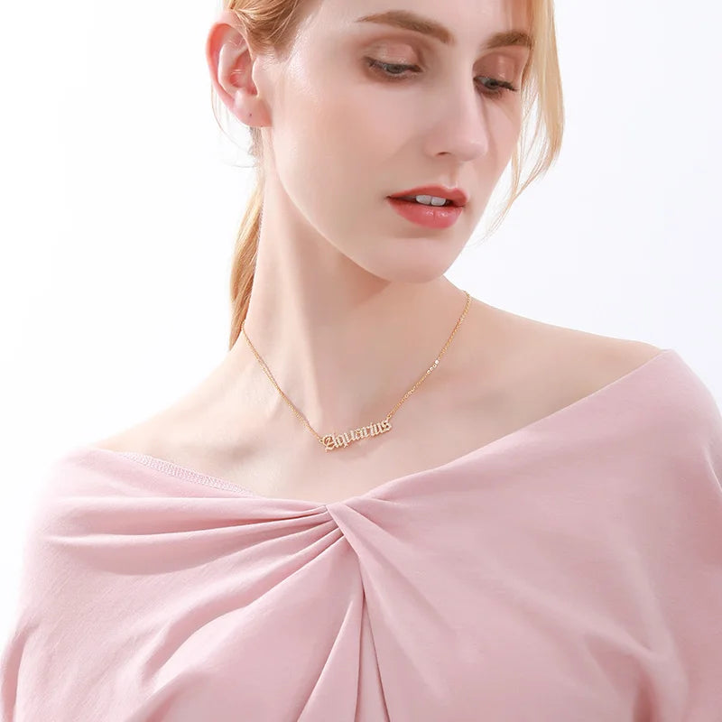 Zircon Letter Constellation Necklace For Women Stainless Steel Girl 12 Zodiac Necklaces Choker Alphabet Jewelry Bijoux Femme BFF