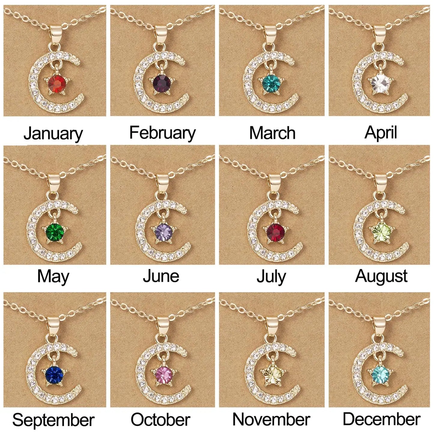 Fashion Personality Birthstone Moon Star Crystal Pendant Necklace for Women Clavicle Chain Choker Birthday Party Jewelry Gift