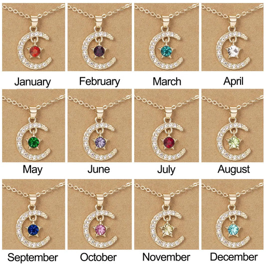 Fashion Personality Birthstone Moon Star Crystal Pendant Necklace for Women Clavicle Chain Choker Birthday Party Jewelry Gift
