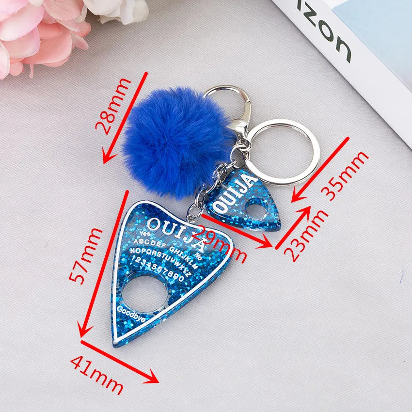 1PC Women Ouija Planchette Keychain Resin Pompom Charms Handbag  Keyring With Puffer Ball Punk Board Crafts