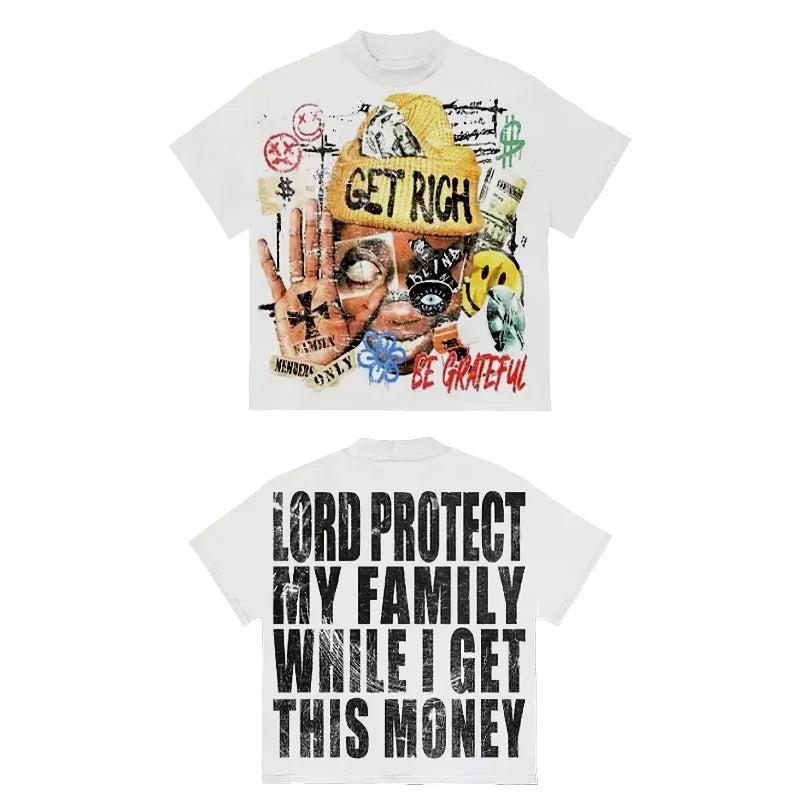 Men's Y2K pattern T-shirt "Get Rich and God Bless Your Family" slogan street style short-sleeved shirt bold money summer top