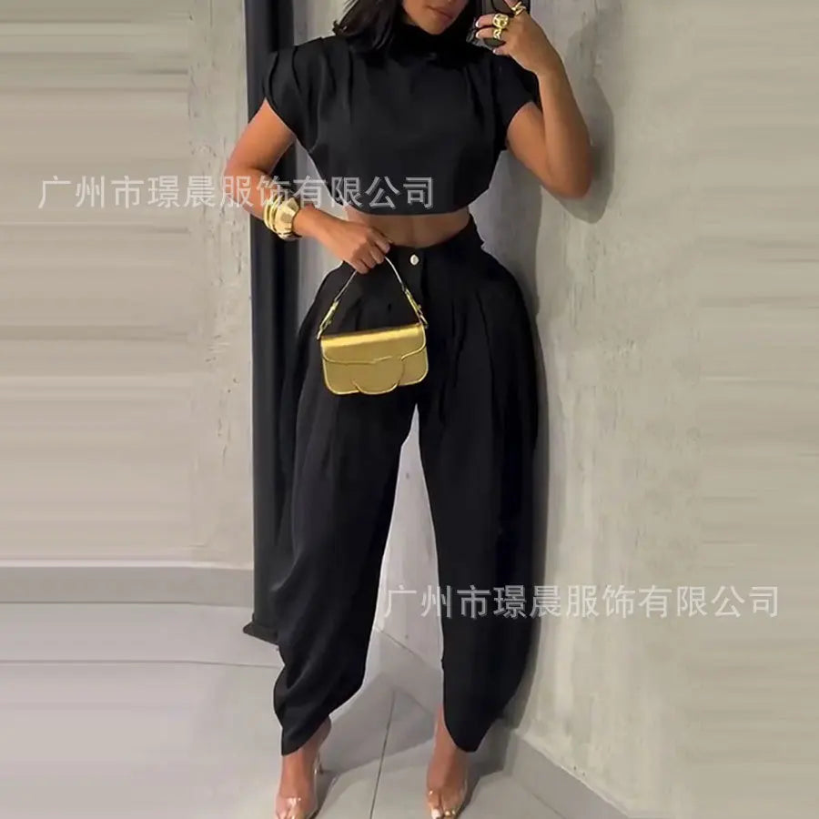 New Summer Fashion Women's High Waist Trousers Top Two-piece Set For Women Elegant Black Casual Two Piece Outfits Woman
