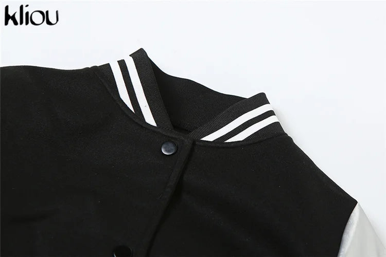 Kliou Letter Shape Patchwork Coats Women Casual Classic Panelled Long Sleeve Single Breasted Croped Jacket Female Street Outwear
