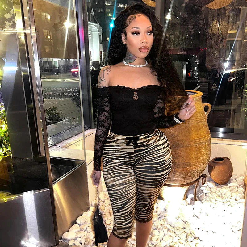 CUTENOVA Sexy Hottie Lace Edge Bow Decoration Leopard Print Slim Seven Pants Summer New Women'S Fashion Street Casual Seven Pant