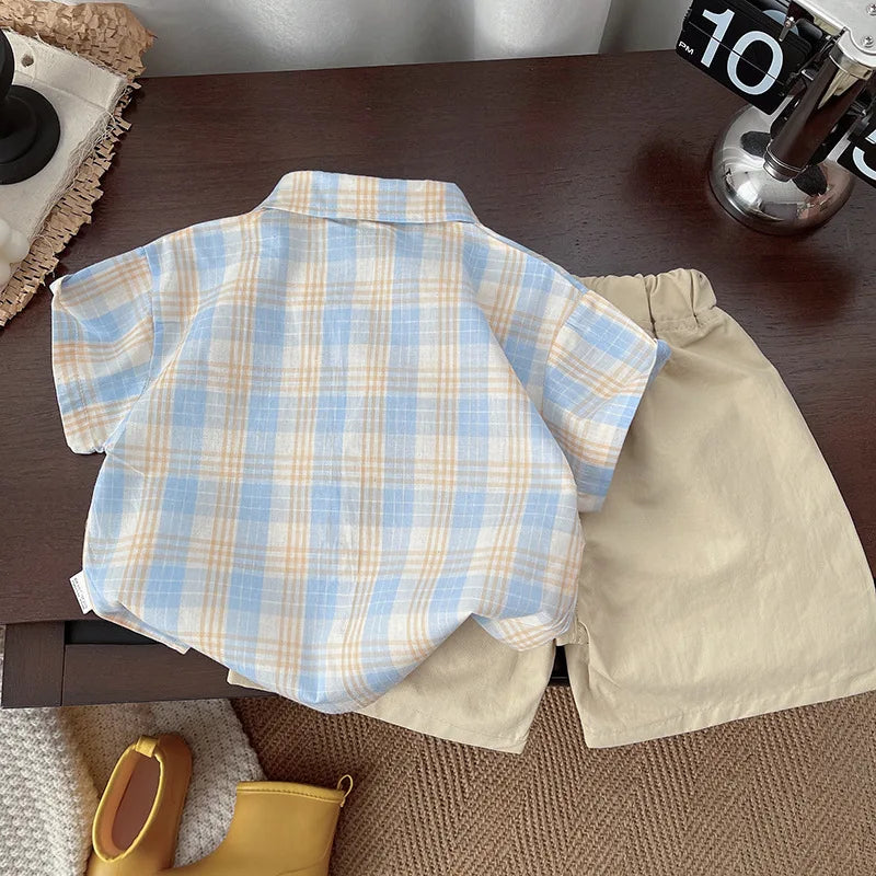 Boy's Summer Ssuit New Children's Short-sleeved Fresh Plaid Fashion Baby Green Gentleman Suit Handsome Korean Version Clothes