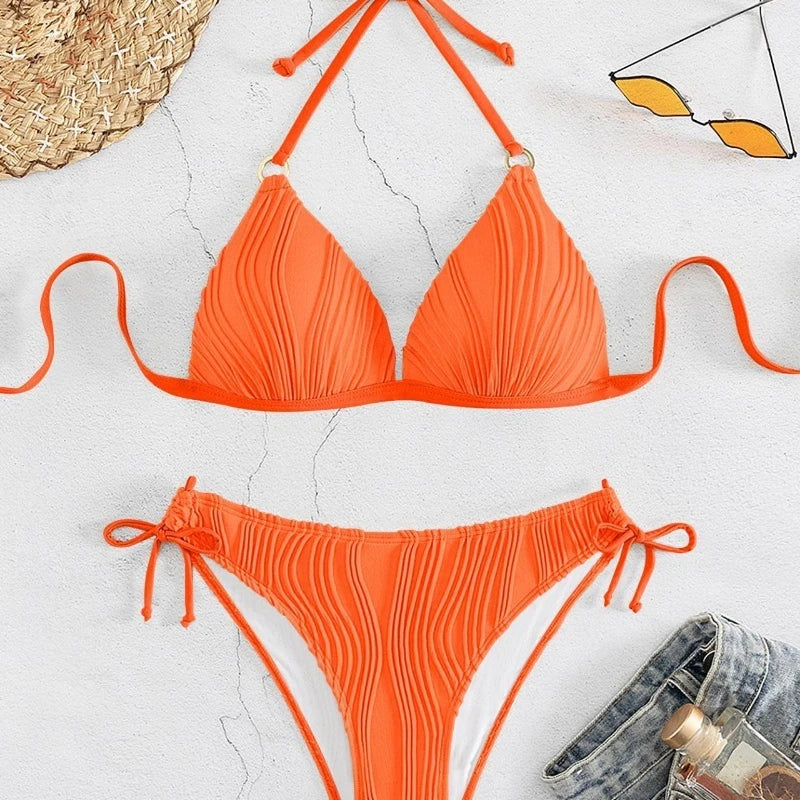 Swimwears Solid Color Sleeveless Sexy Swimsuit Women's Split Chest Cushion Bikini Suitable Swimming Water Sports