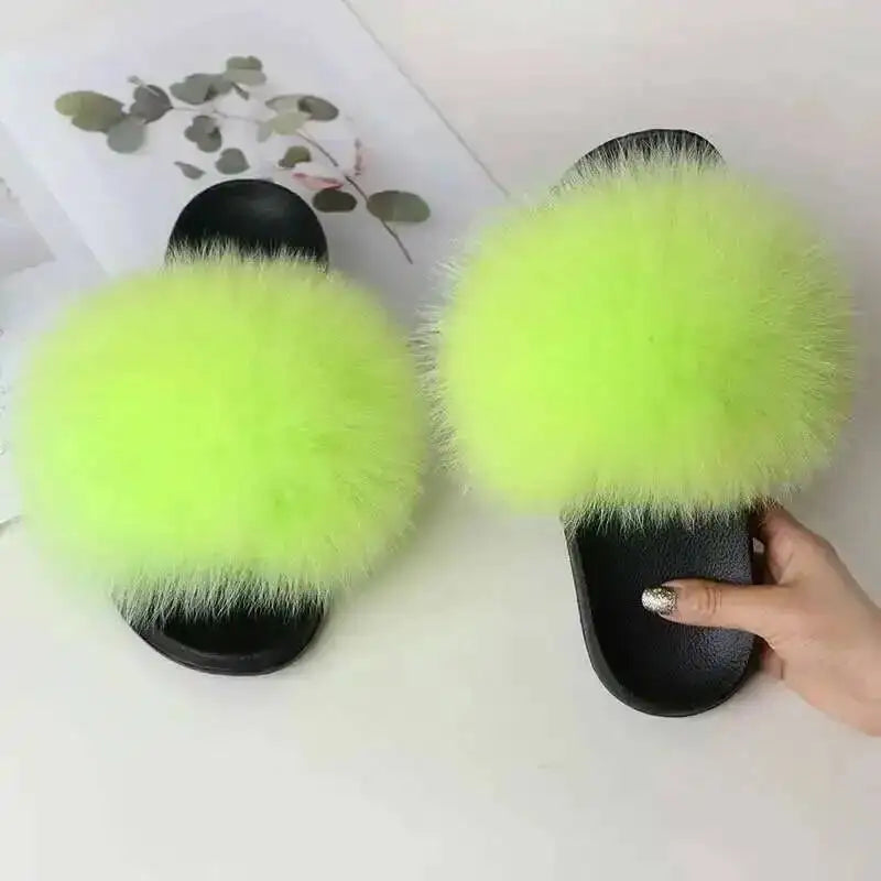 Ladies Real Fox Fur Slippers Summer Female Slides New Fuzzy Indoor Home Flats Women Cute Sandals Outdoor Beach Shoes Flip Flops