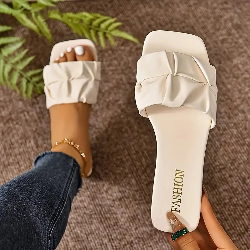 Summer Slippers for Women Flip Flops Flats  New Pleated Korean Slippers Women Sandals Green Slip on Shoes Plus Size 35-43