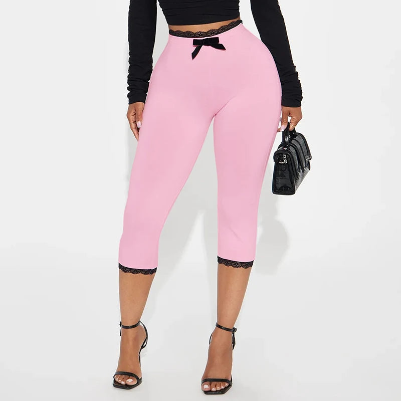 CUTENOVA Sexy Hottie Lace Edge Bow Decoration Leopard Print Slim Seven Pants Summer New Women'S Fashion Street Casual Seven Pant