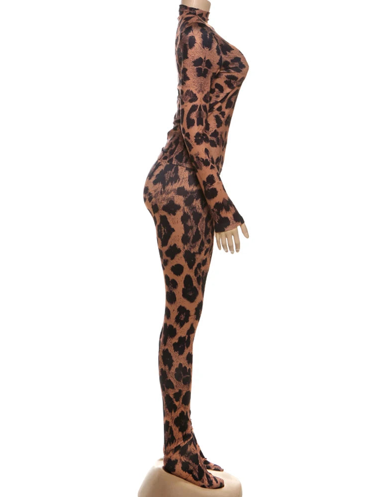 Kliou Leopard Print 2 Piece Set Woman Autumn Trend o-Neck Full Sleeve T-Shirts+Skinny Long Pants Street Fashion Wild Style Suits