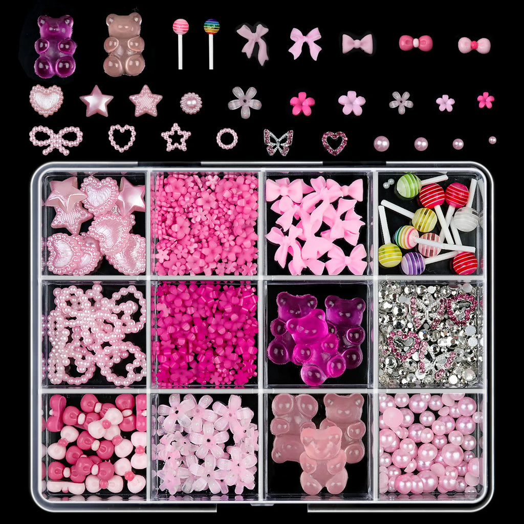 12/15Grids Acrylic Flower Nail Charms Mix Colors Set 3D Flower Nail Art Rhinestones Mixed Blossom Spring Gems DIY Nail Supplies